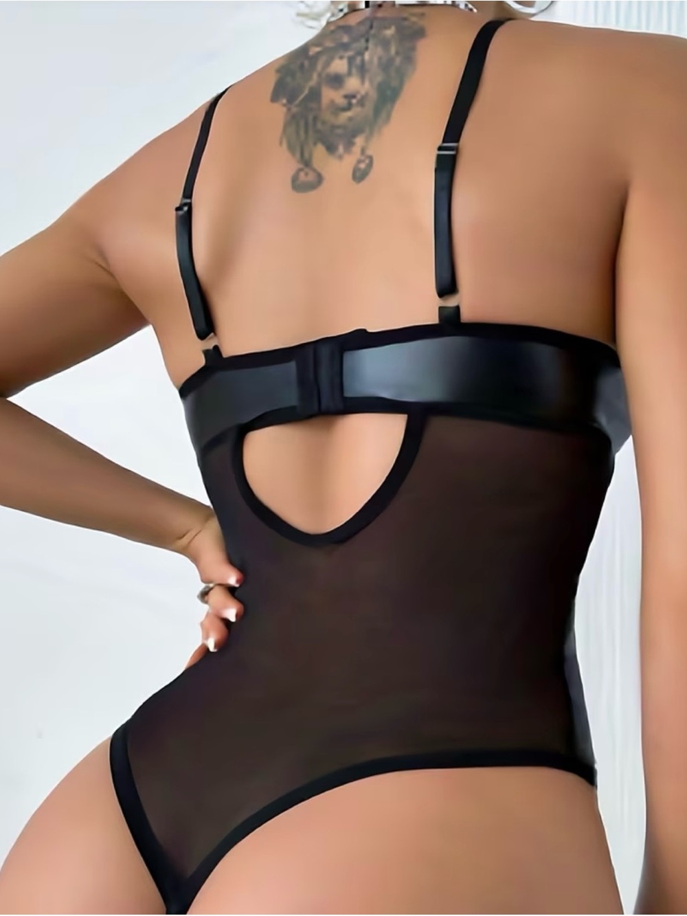 Sleek Black Faux Leather & Mesh Teddy Bodysuit - Picture 2 of 3